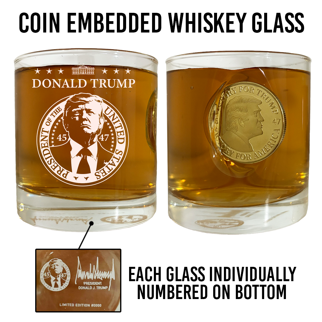 Trump Challenge Coin Whiskey Glass – Etched Edition (Each Individually Numbered)