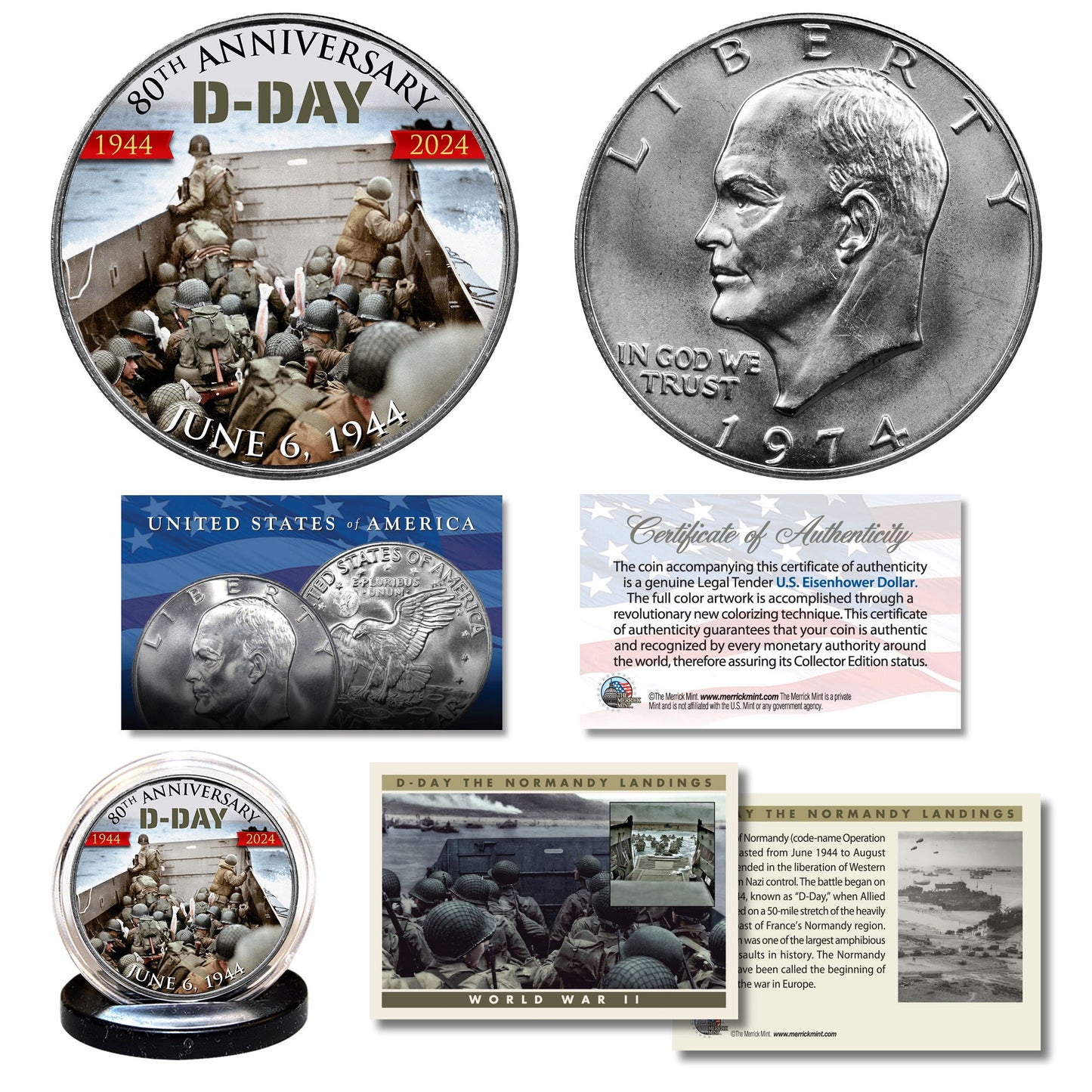 WORLD WAR II 80th Anniversary 1944-2024 D-DAY NORMANDY LANDINGS Genuine IKE Dollar US Legal Tender Coin w/ Collectible Trading Card.