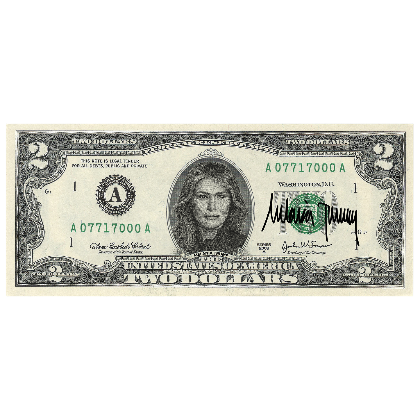 First Lady Melania Trump Collectible $2 Bill (Genuine Legal Tender)