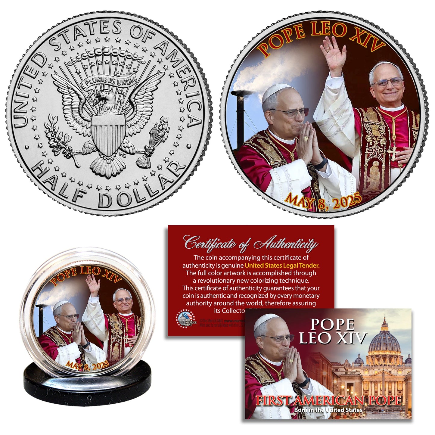 Pope Leo XIV Dual Image White Smoke - Collectible Half Dollar 2025 JFK Coin