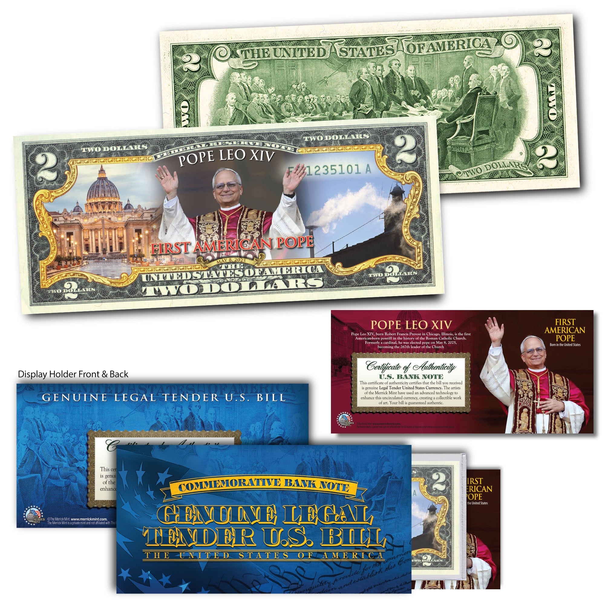 Colorized $2 Bill Featuring Pope Francis - Commemorative 2015 USA Visit (Uncirculated With COA)