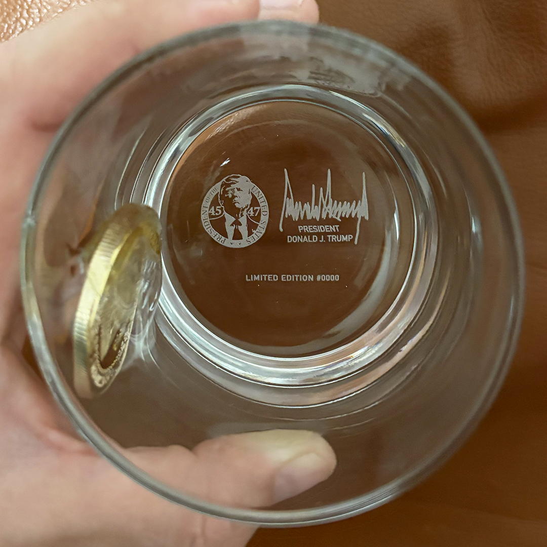 Trump Challenge Coin Whiskey Glass – Etched Edition (Each Individually Numbered)