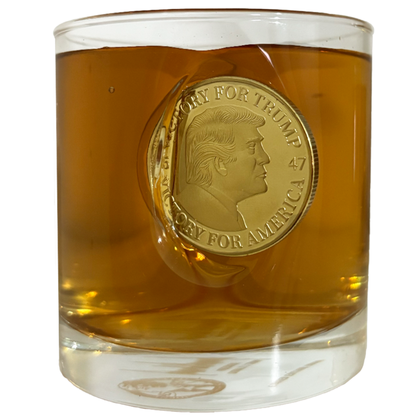Trump Challenge Coin Whiskey Glass – Etched Edition (Each Individually Numbered)