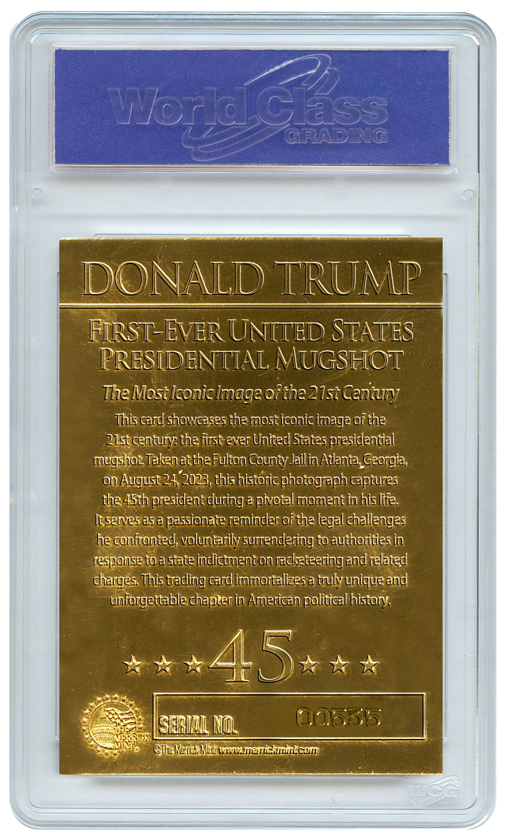 President Trump Mugshot Gold Card - Black Overstamp - Individually Numbered (Limited Run of 2024 Units)