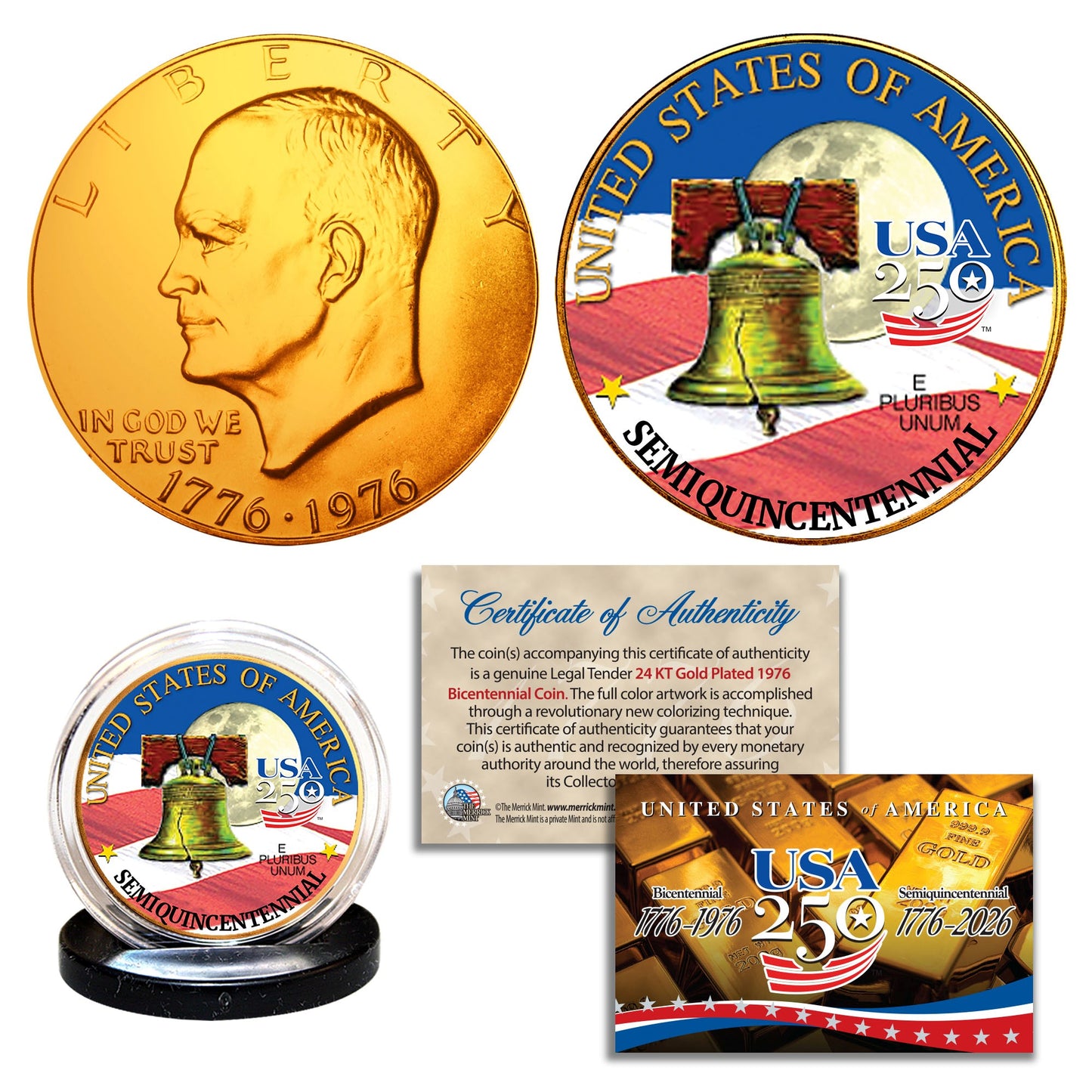 1976 Bicentennial - 24KT Gold Plated & Colorized Semiquincentennial 3-Coin Set