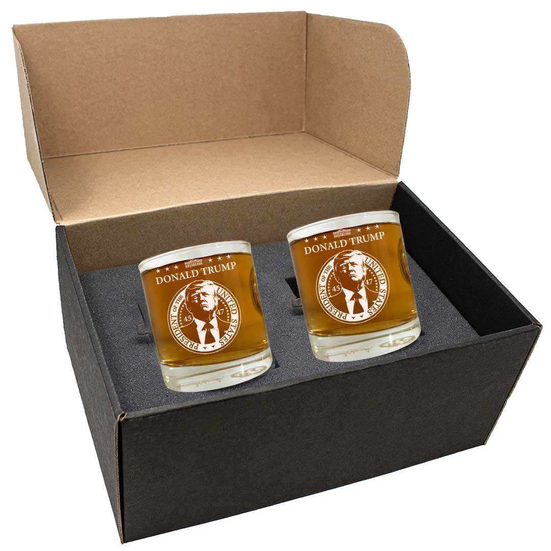 Trump Challenge Coin Whiskey Glass – Etched Edition (Each Individually Numbered)