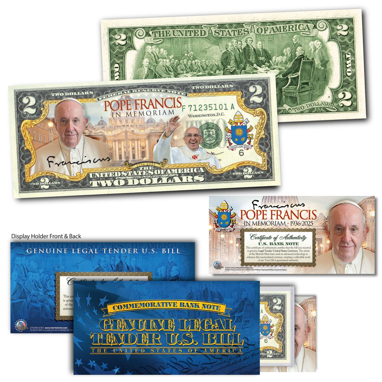 Pope Francis in Memoriam 1936 - 2025 Collectible $2 Bill (Genuine Legal Tender)