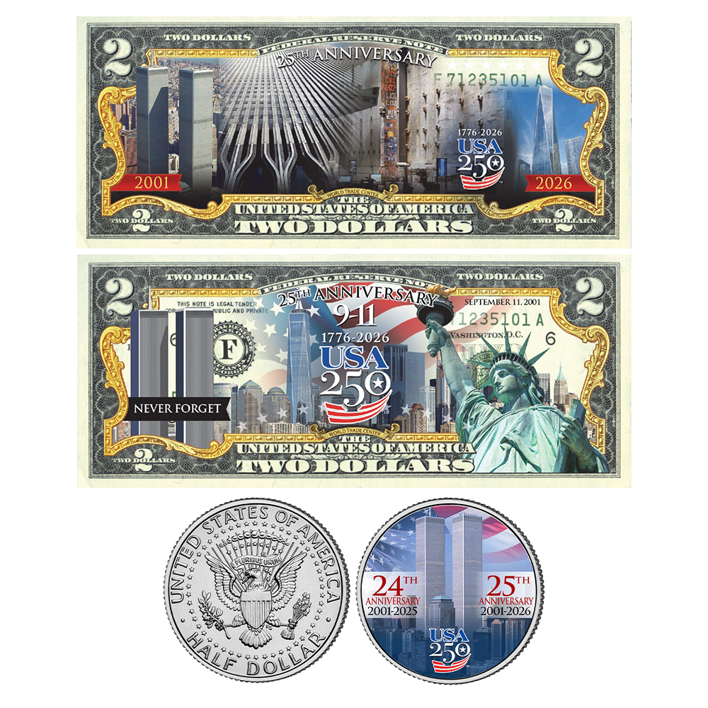 9/11 25th Anniversary + America's 250th Anniversary Coin & $2 Bill Bundle