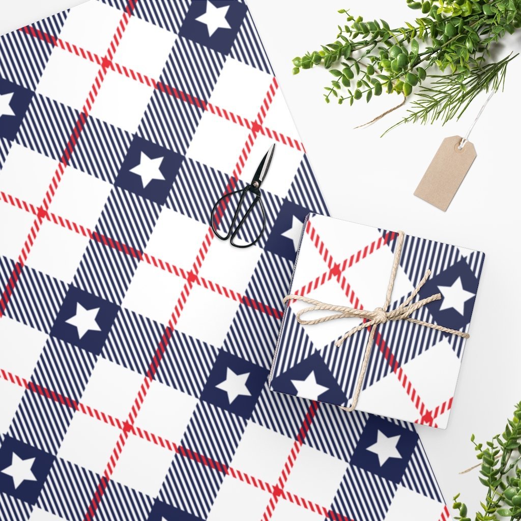 Blue Stars Stripes Plaid Wrapping Paper - Proud Patriots