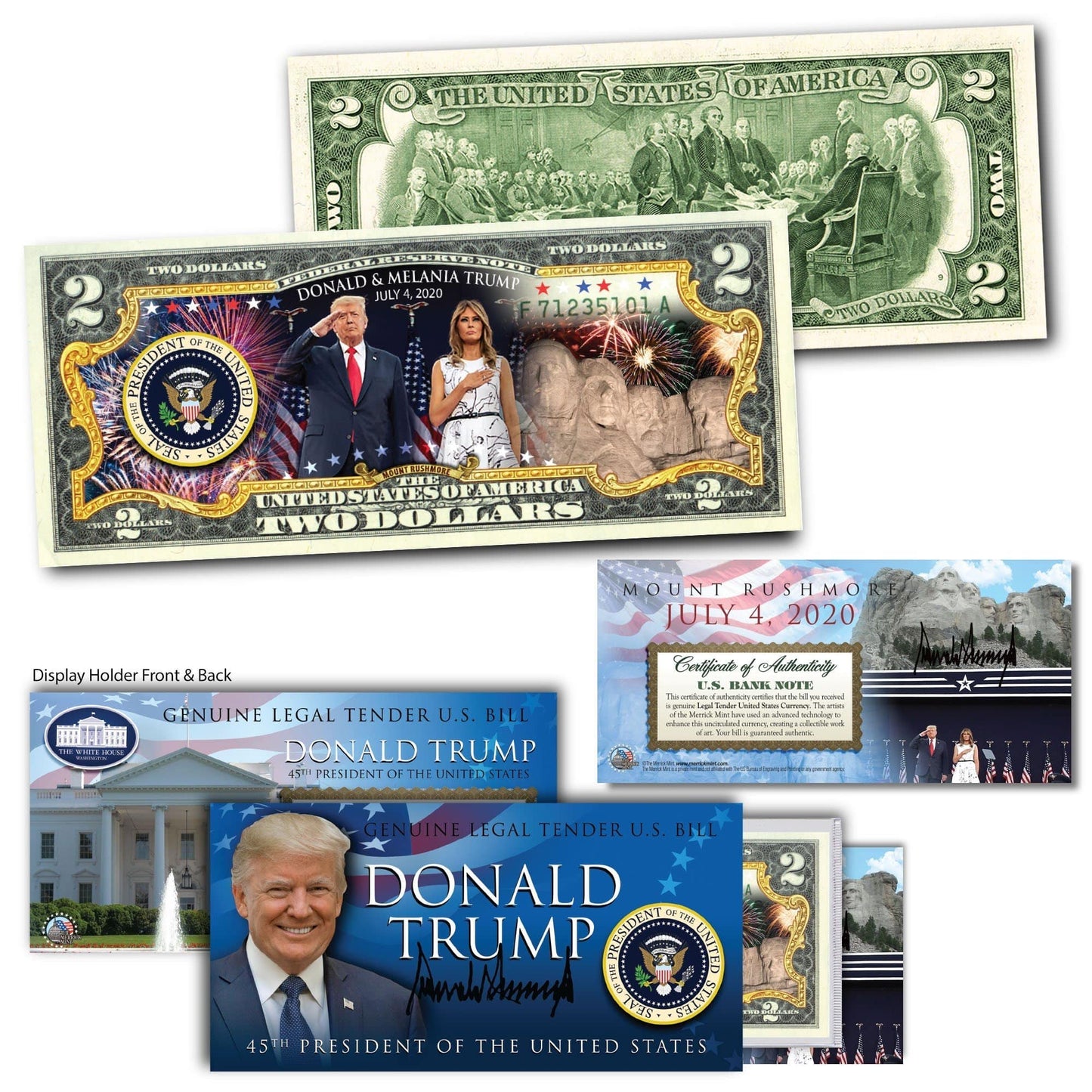 "Donald & Melania Trump - Saluting July 4th" - Genuine Legal Tender U.S. $2 Bill - Proud Patriots