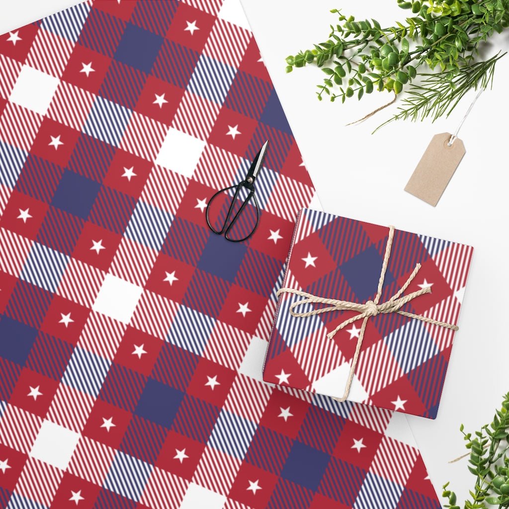 Red Star Stripes Plaid Wrapping Paper - Proud Patriots