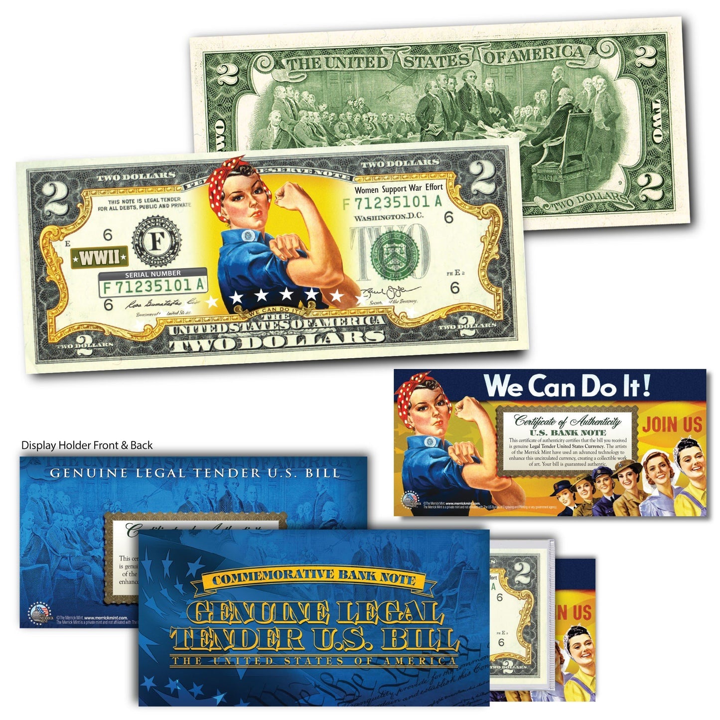 "WWII 75th Anniversary - "Rosie The Riveter" Authentic Genuine U.S Legal Tender $2 Bill - Proud Patriots