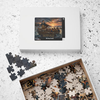 Puzzle set with a box featuring a sunset over water scene, on a textured white surface.