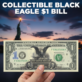 Genuine U.S. $1 Black Eagle bill held in hand, with the Statue of Liberty in the background at sunset.