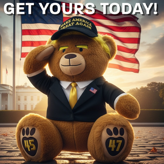Black and gold MAGA bear in a suit, saluting with a cap, set against a backdrop of the White House and American flags.