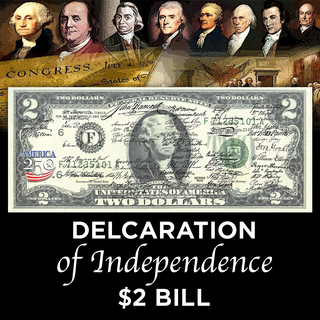 Declaration of Independence signatures on a $2 bill with historical figures in the background and decorative text.