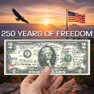 Declaration of Independence signatures on a $2 bill, held against a sunset backdrop with an eagle and American flag.