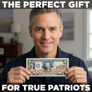 America's 250th Anniversary collectible $2 bill held by a man, featuring full-color Independence Day design on both sides.