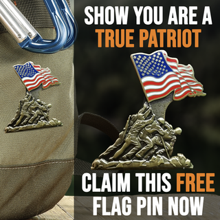 Iwo Jima 80th anniversary enamel pin featuring a flag and soldiers, attached to a textured backpack.