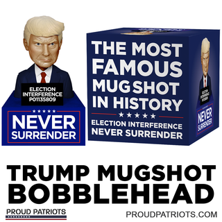 Trump mugshot bobblehead with a detailed figure and blue box featuring text about election interference.
