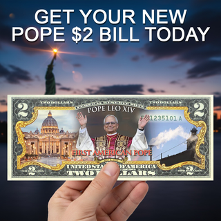 Collectible $2 bill featuring Pope Leo XIV, with images of the Vatican and the Statue of Liberty in the background.
