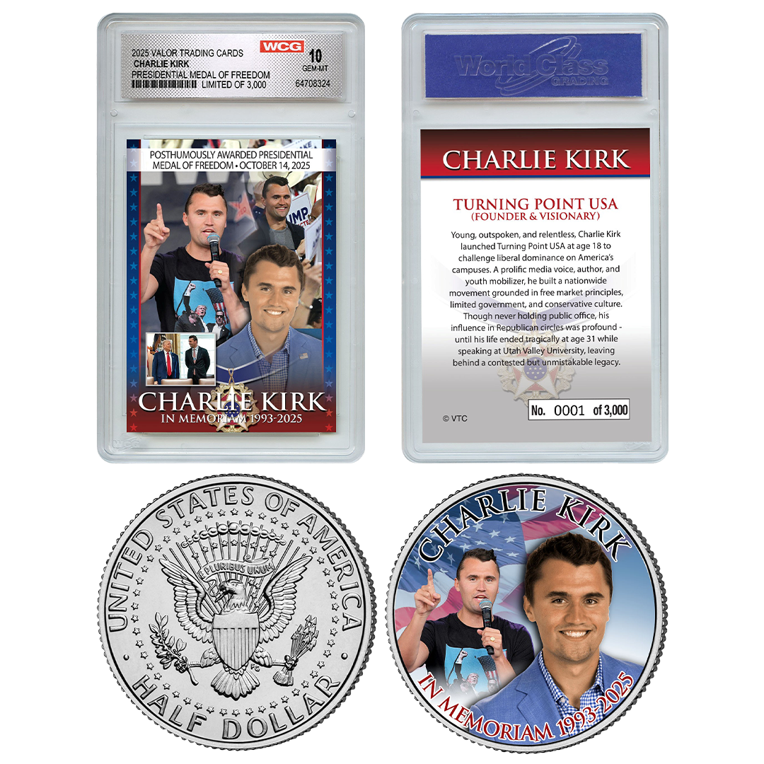 In Memoriam Medal Of Freedom Charlie Kirk Individually Numbered (to 3,000) Collectible Card + FREE MATCHING COIN!