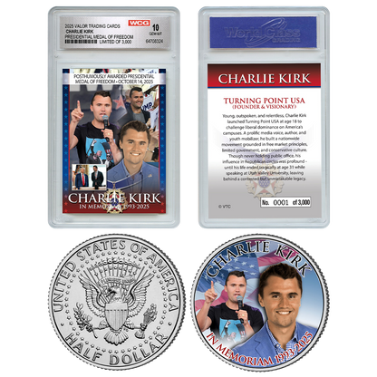 In Memoriam Medal Of Freedom Charlie Kirk Individually Numbered (to 3,000) Collectible Card + FREE MATCHING COIN!