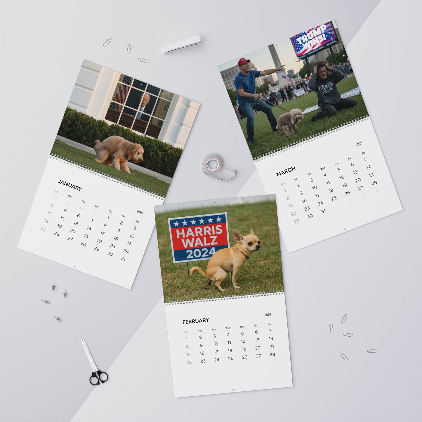 Pooping Pooches Owning Liberals 2026 Calendar - Funny Calendar & White Elephant Gag Gift
