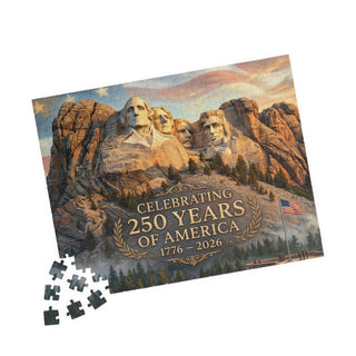Mount Rushmore 250th Anniversary jigsaw puzzle with 1014 pieces, featuring the monument and American flag design.