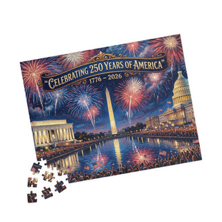 250 Years of America jigsaw puzzle featuring fireworks, the Lincoln Memorial, and the Washington Monument.