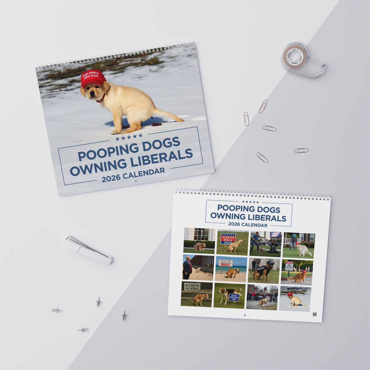 Pooping Dogs Owning Liberals 2026 Calendar - Funny Calendar & White Elephant Gag Gift Calendar