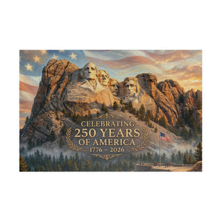 Mount Rushmore jigsaw puzzle featuring the monument and text celebrating 250 years of America, with an American flag.
