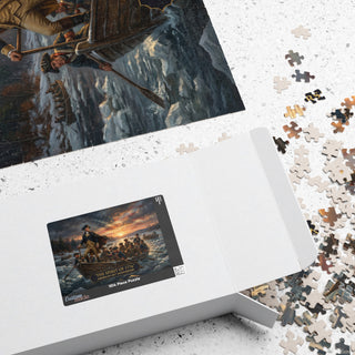 Puzzle box with a puzzle featuring a scene of people rowing a boat on water.