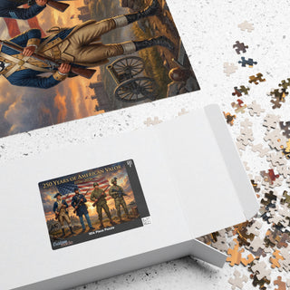 Puzzle with a historical design, partially completed, next to the packaging box on a light surface.