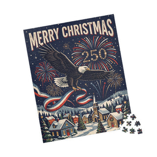 Merry Christmas 250th Celebration Eagle Fireworks Winter Village Puzzle