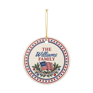 Personalized Family Name Ornament – America's 250th Anniversary Patriotic Christmas Ceramic Ornament