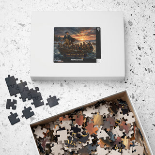 Puzzle set with pieces and packaging on a textured surface