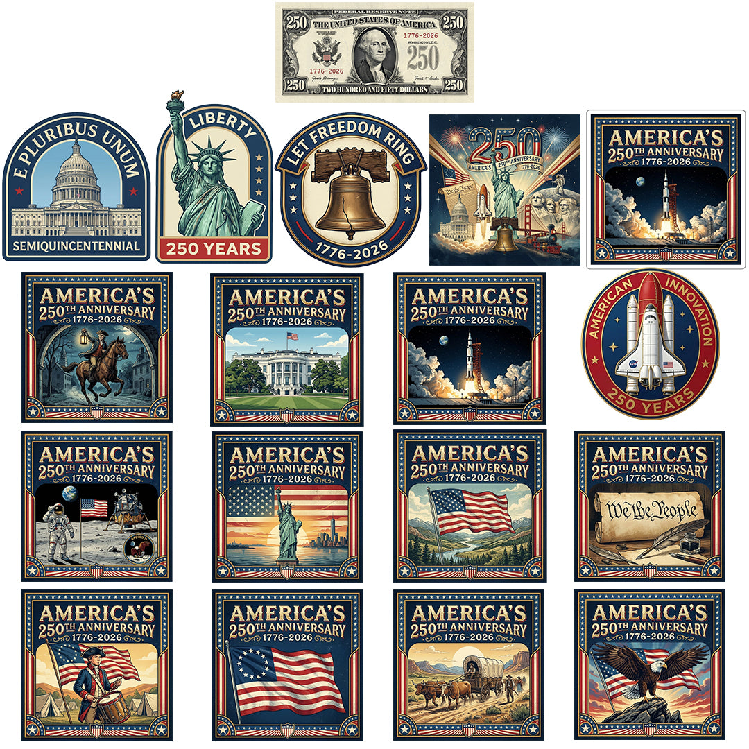 All 18 America 250th Anniversary Stickers (Save 25%)