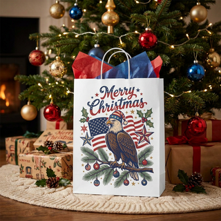 Patriotic Eagle in Santa Hat Christmas Gift Bag – American Flag Paper Bag