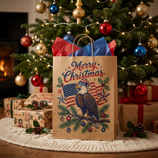 Patriotic Eagle in Santa Hat Christmas Gift Bag – American Flag Paper Bag
