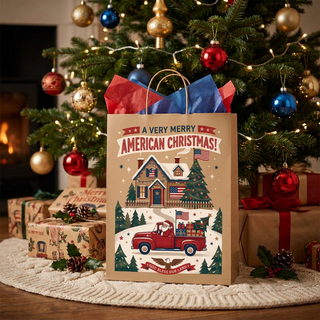 A Very Merry American Christmas Gift Bag – Santa Red Truck Patriotic Paper Bag