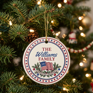 Personalized Family Name Ornament – America's 250th Anniversary Patriotic Christmas Ceramic Ornament