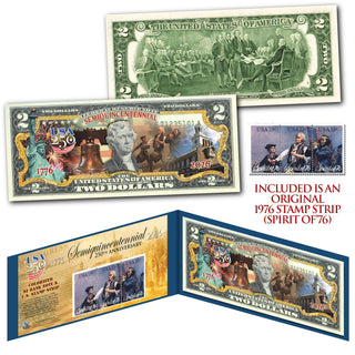 America 250 Anniversary Spirit of 1776 Genuine Postal 3-Panel Stamp Strip-July 4th USA 250 $2 Bill
