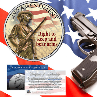 2nd Amendment JFK half dollar coin featuring a soldier, gun, and American flag background with a certificate of authenticity.