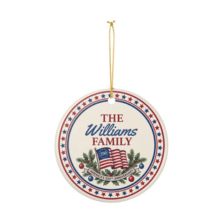 Personalized Family Name Ornament – America's 250th Anniversary Patriotic Christmas Ceramic Ornament