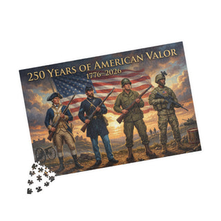 Puzzle box featuring four soldiers with an American flag, titled '250 Years of American Valor'.