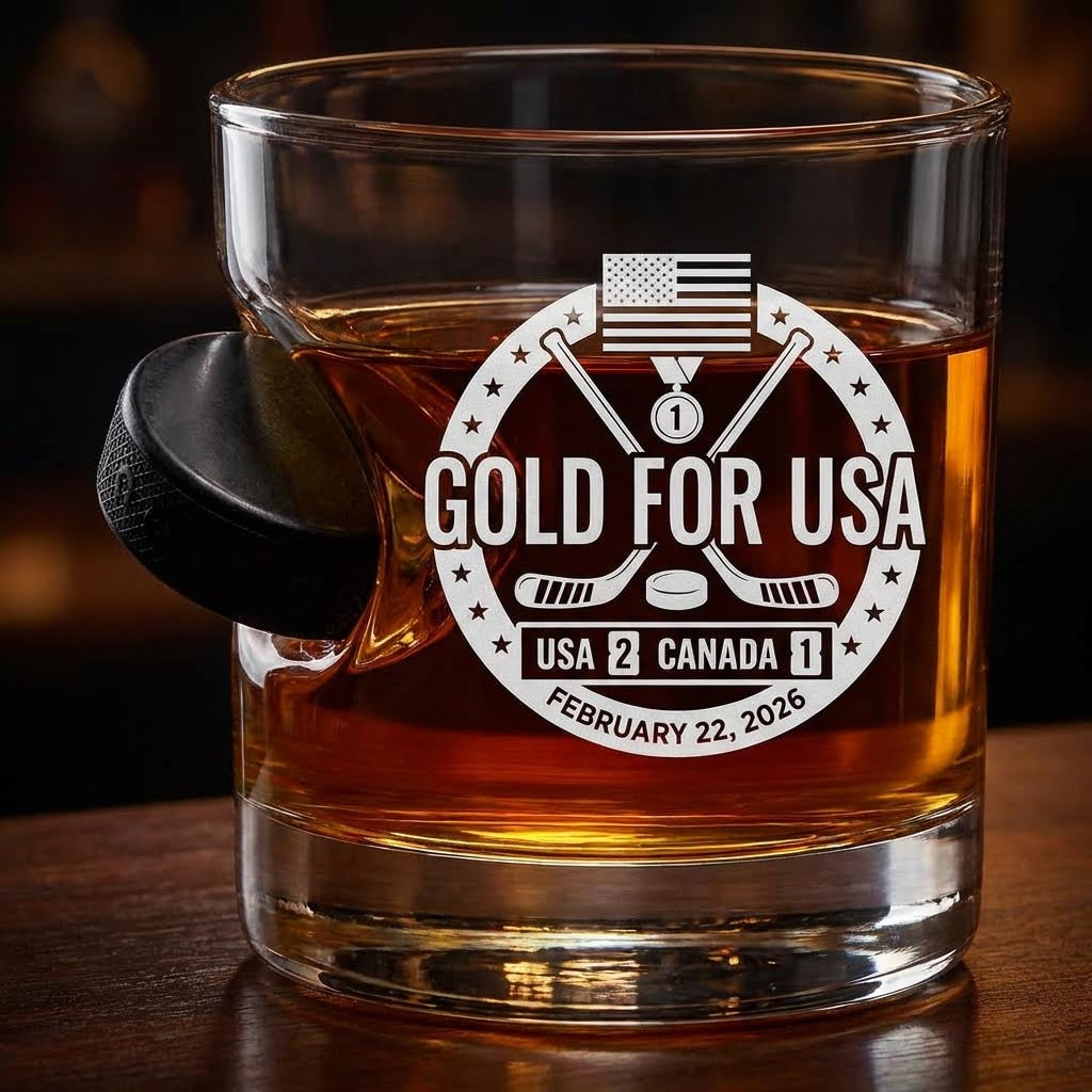USA Men's Hockey Wins Gold - Hockey Puck Embedded Limited Edition Glassware