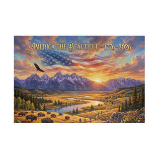 American flag, mountains, and sunset over a valley.