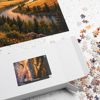 Jigsaw puzzle with a scenic landscape design, partially completed, on a textured surface.