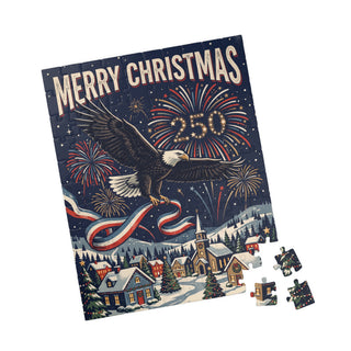 Merry Christmas 250th Celebration Eagle Fireworks Winter Village Puzzle